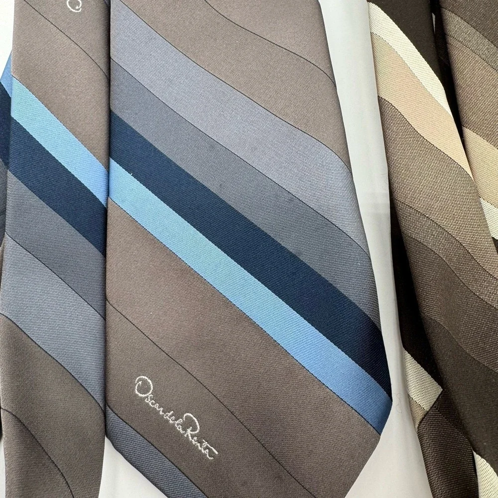 Oscar De La Renta Silk Tie Lot of 3 Striped Brown Red Blue 56